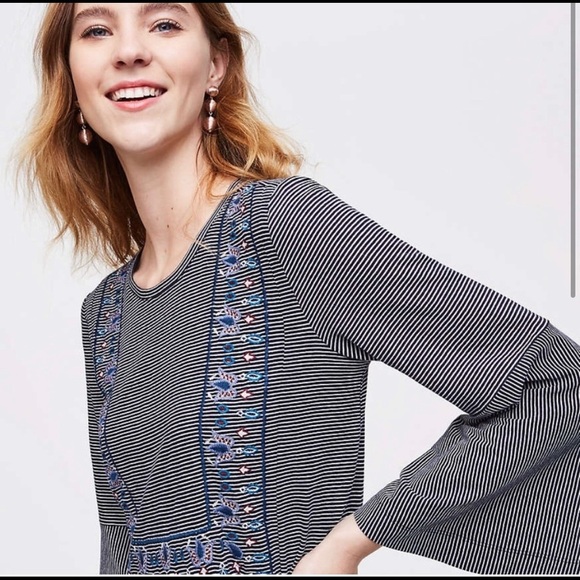 Loft Embroidered Striped Bell Sleeve Top - Picture 1 of 9